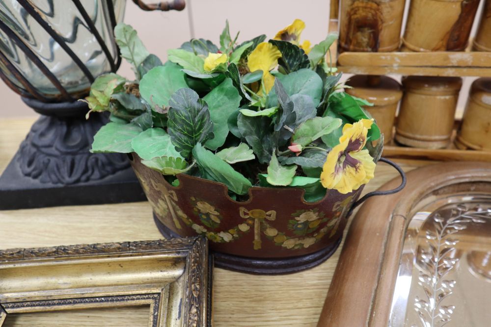 An oval painted tole monteith shape planter, width 32cm., a spice rack, a large glass and wrought metal vase, 62cm, and two other items